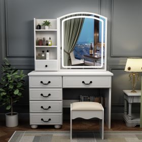 Fashion Vanity Desk with Mirror and Lights for Makeup, Vanity Mirror with Lights and Table Set with 3 Color Lighting Brightness Adjustable, 6 Drawers