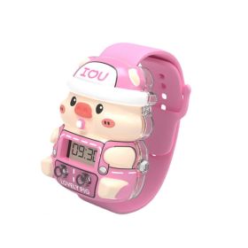 Digital Watch For Children Cartoon Piggy Shape; Cartoon Watch Adjustable Wrist Strap Colored Lights LCD Screen Toddler Cute Piggy Shape Electronic Wat (Color: Pink)